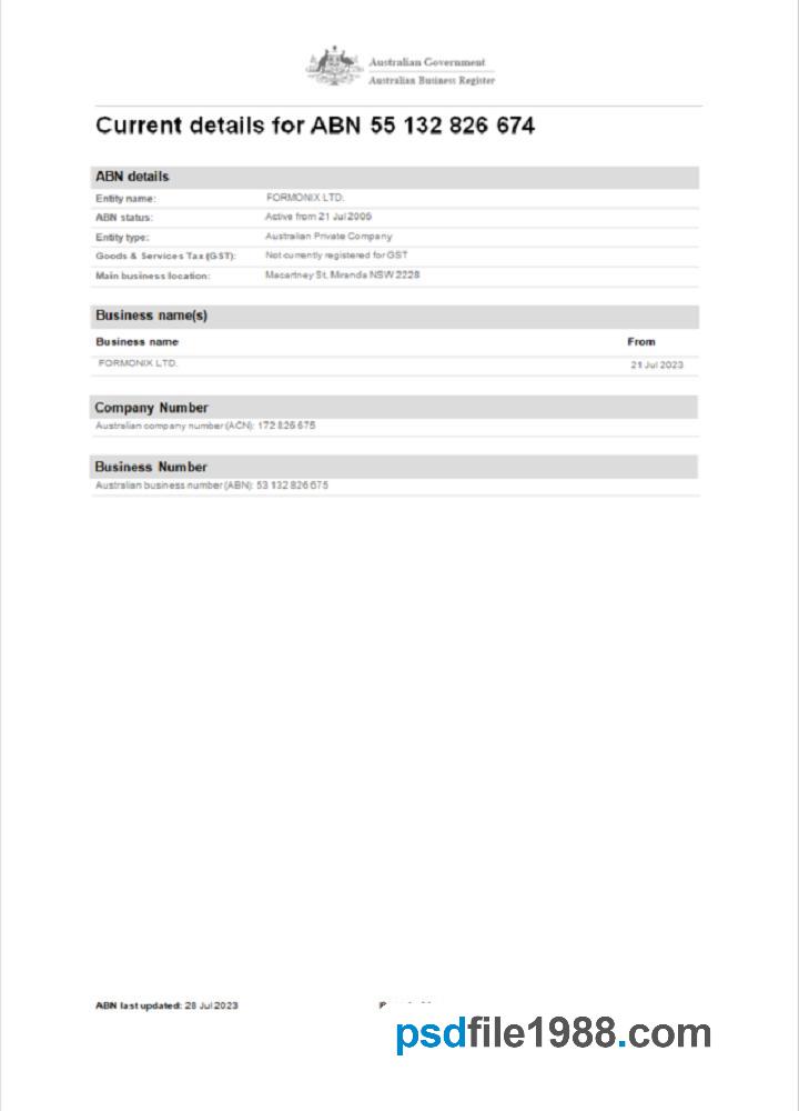 Australia Business Registration Word and PDF Template